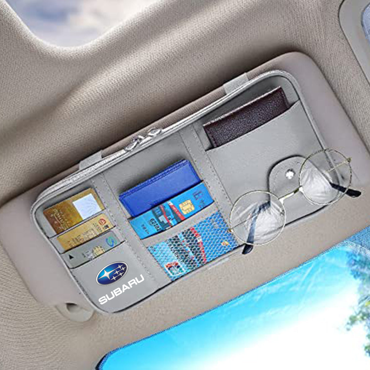 Car Sun Visor Organizer Truck SUV Sun Visor Storage Pocket PU Leather Pouch Holder with Multi-Pocket Double Zipper Net Pocket, for Cards Pens Sunglasses Document Newest, Custom fit for Car - Delicate Leather