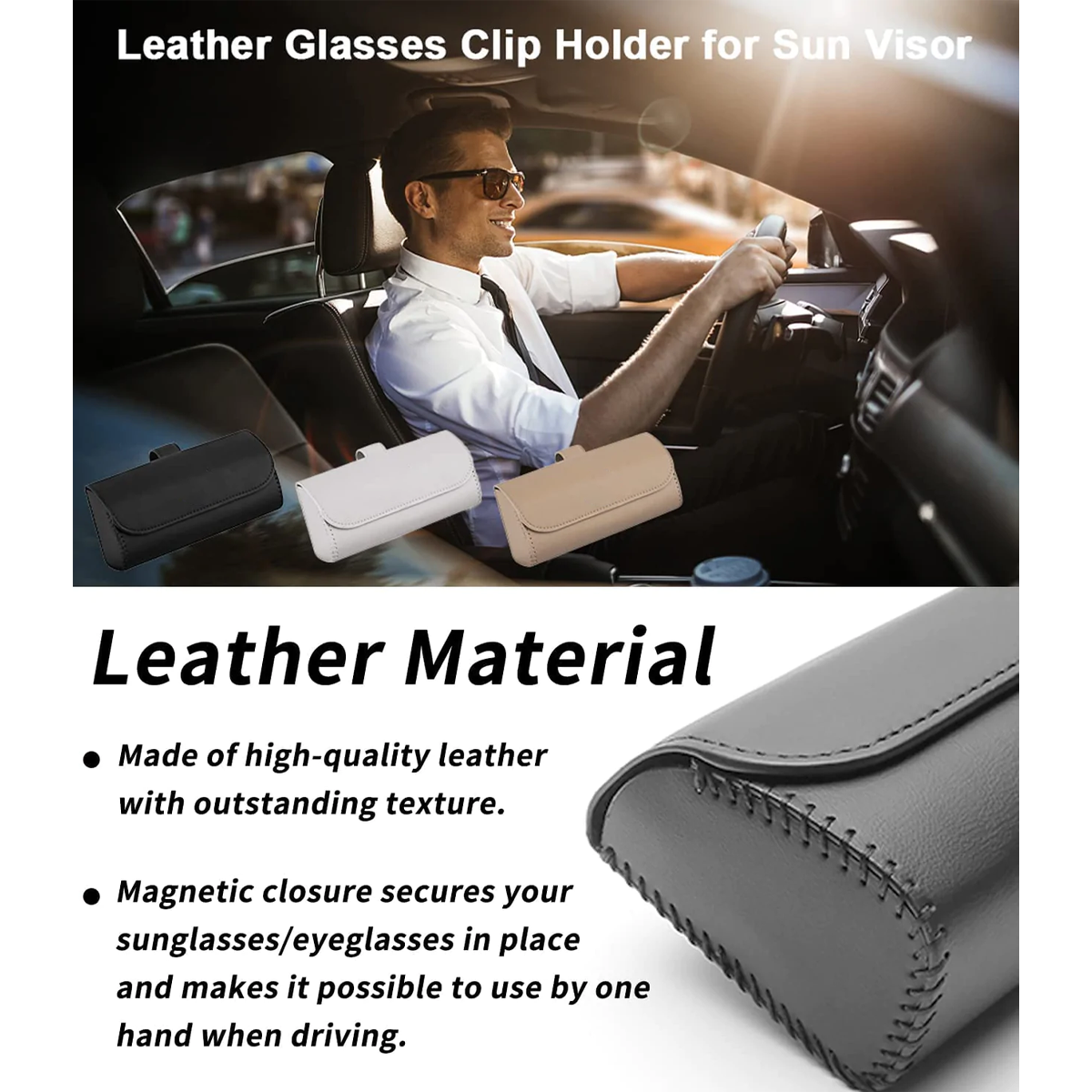 Custom Text and Logo Sunglasses Holder for Car Sun Visor, Fit with all car, Leather Glasses Storage Case, Vehicle Visor Accessories, Sunglass Holder Organizer Box - Delicate Leather