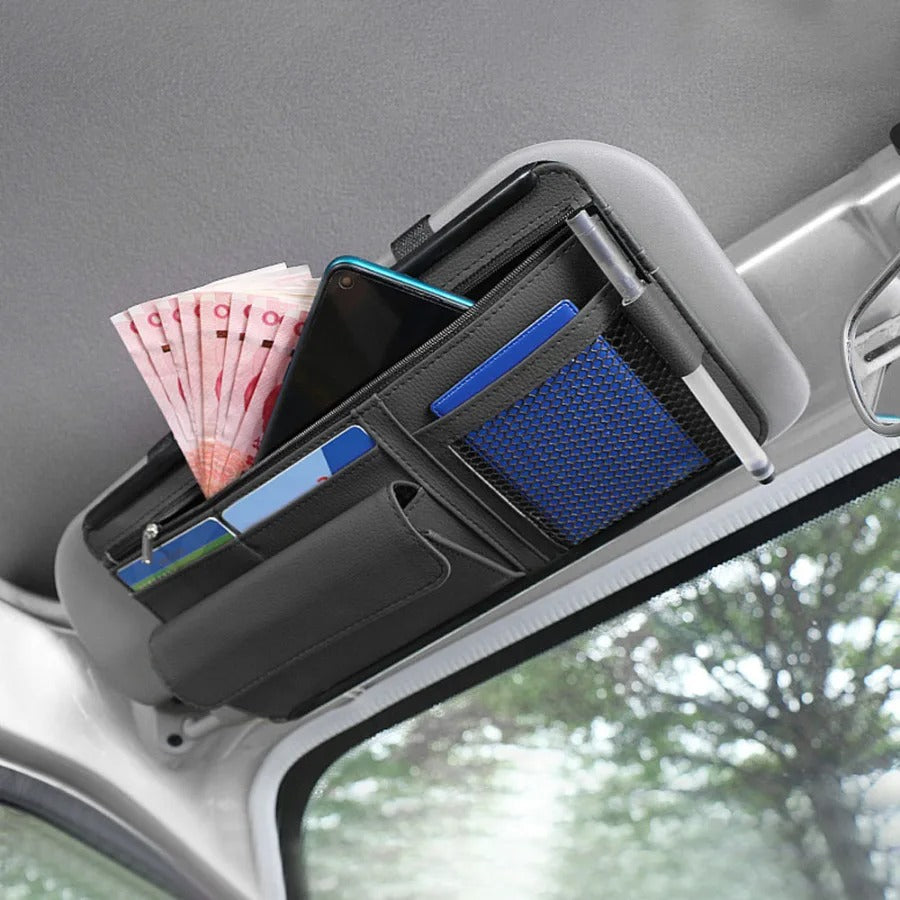 PU Leather Car Sunshade Storage Bag Organizer - Sun Visor Clip with Pen, Card, Ticket, and Sunglasses Holder