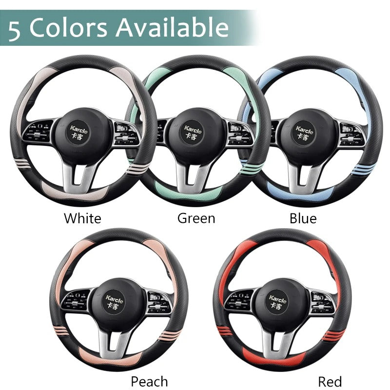 Universal 15-Inch Car Steering Wheel Cover – PU Leather with Carbon Fiber Pattern, Anti-Slip Design - Delicate Leather  