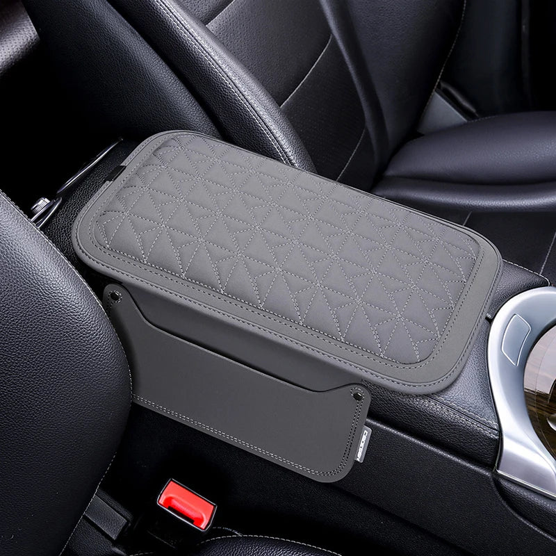 PU Leather Car Armrest Pad with Memory Foam – Center Console Protector Cover with Side Storage Pocket, Universal Fit - Delicate Leather  