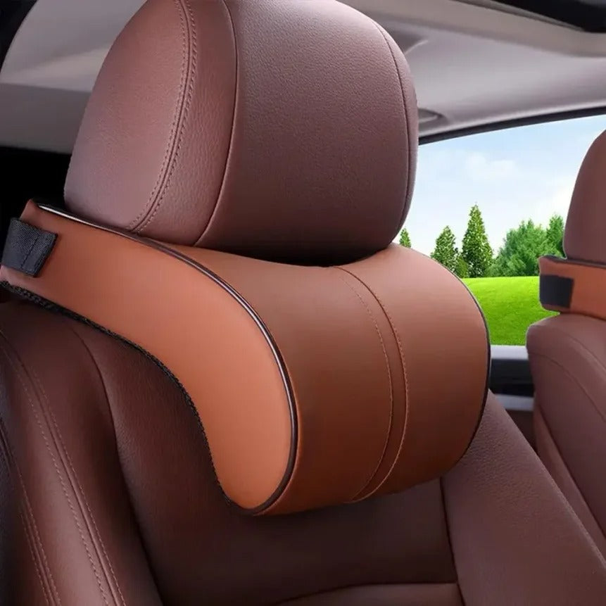 Adjustable Memory Foam Car Headrest & Lumbar Cushion Set – Leather Neck & Back Support Pillow - Delicate Leather  