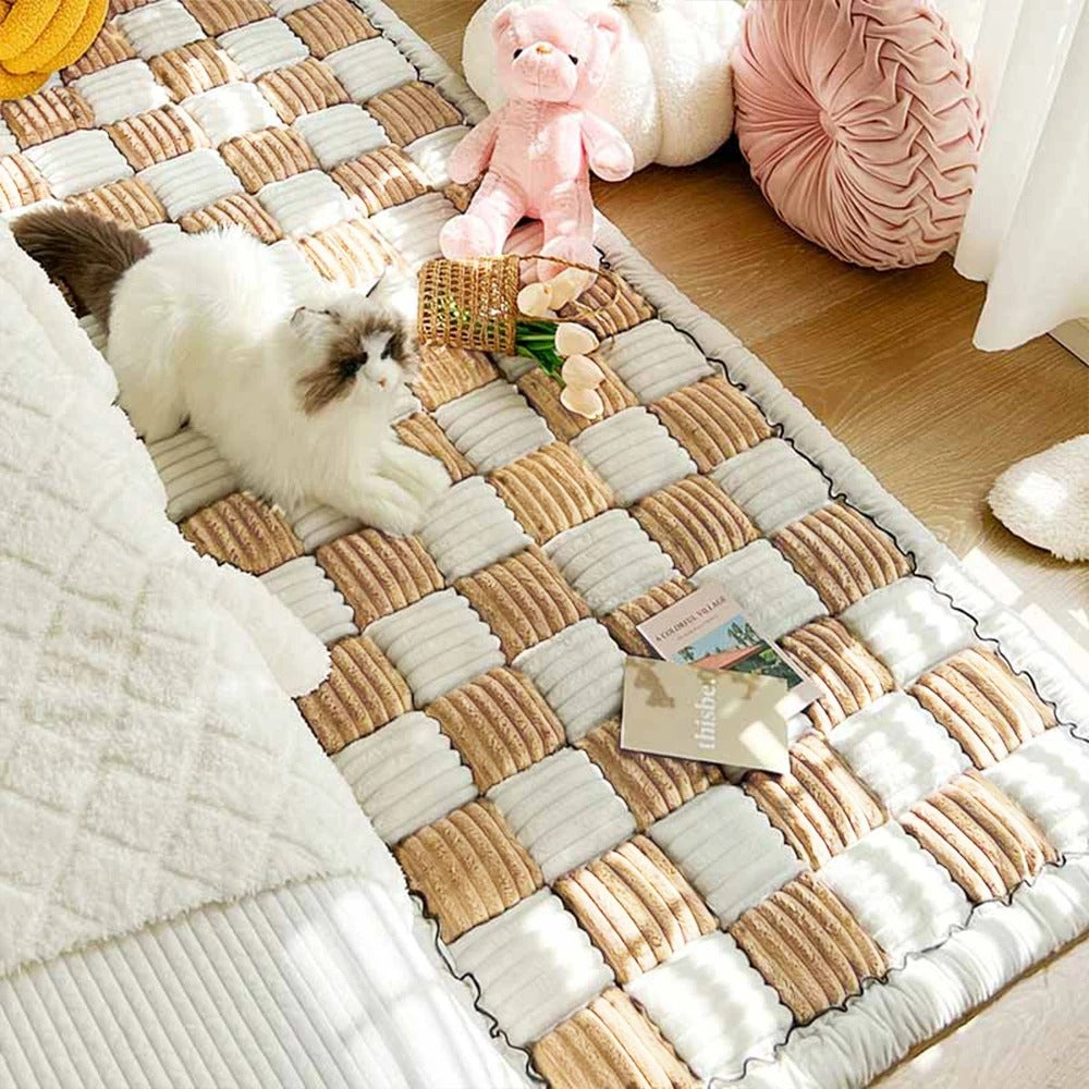 Washable Dog Bed Mat & Cat Scratchable Blanket - Anti-Slip Sofa Couch Protector for Large Dogs - Coral Fleece, Plaid