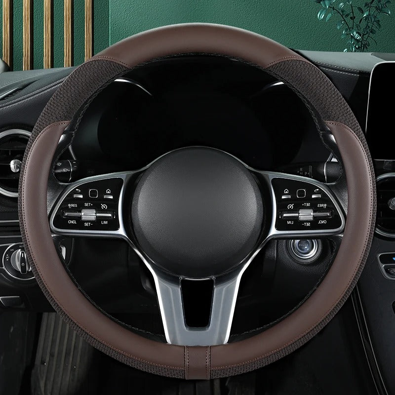 Premium Leather & Ice Silk Steering Wheel Cover – Breathable Mesh, Stitched Design, Universal 14.5–15 Inch, All Seasons - Delicate Leather  