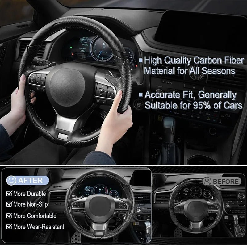 3PCS Carbon Fiber Texture Steering Wheel Cover Set – Anti-Slip Universal 38cm Fit - Delicate Leather  