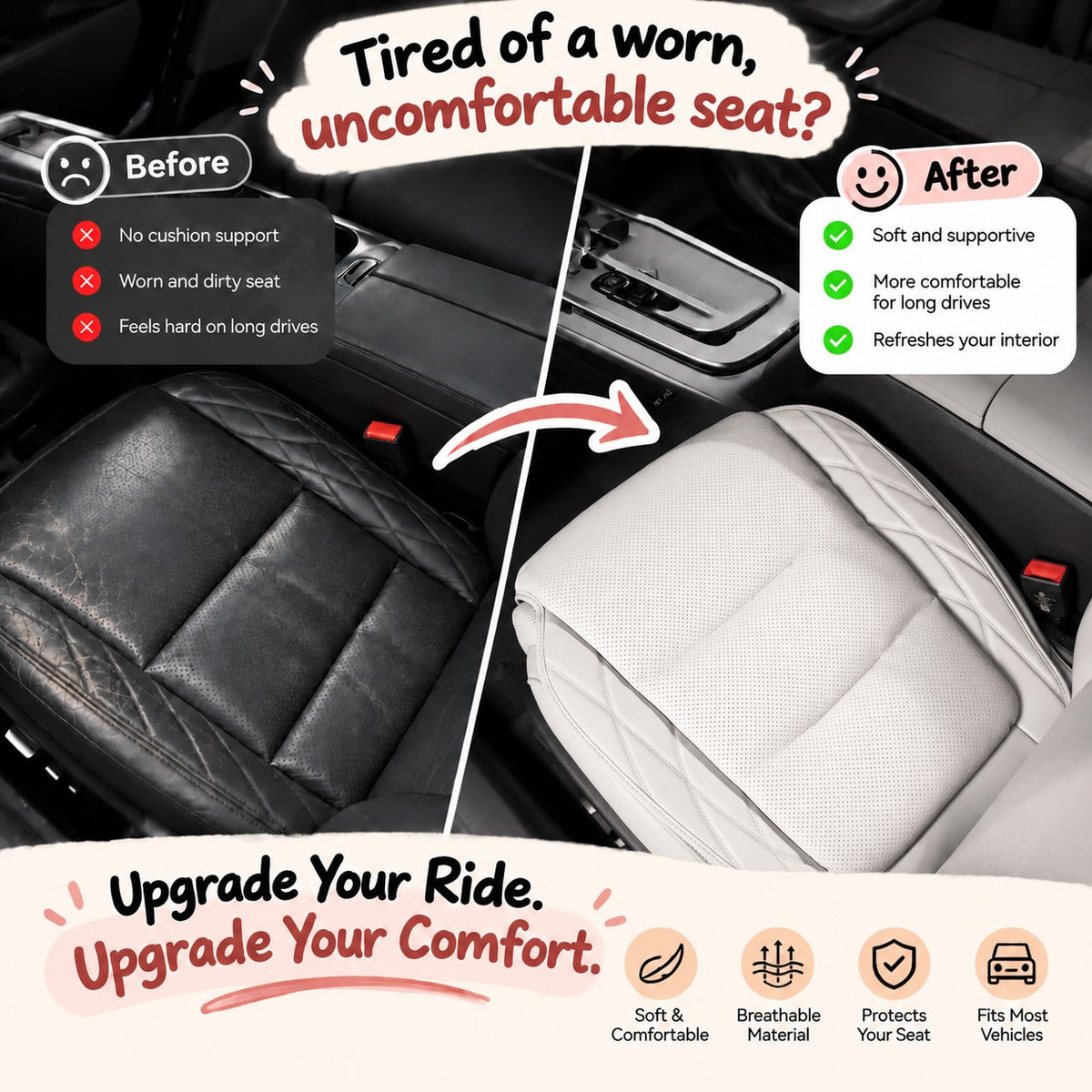Nappa Leather Car Seat Cushion Protective Auto Seat Cover Pad for Vehicles Universal Fit - Delicate Leather