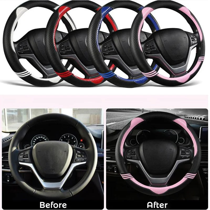 Cute Cat Ear Steering Wheel Cover – Soft Carbon Fiber Pattern, Anti-Slip O/D-Shape Universal 38cm Car Accessory for All Seasons - Delicate Leather  