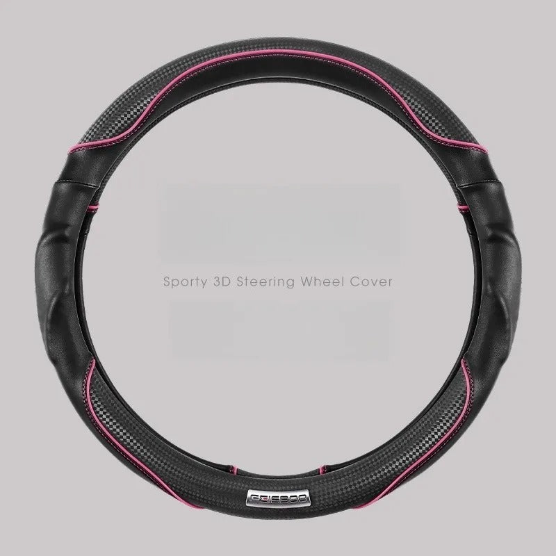 Nappa Leather Steering Wheel Cover with Carbon Fiber Pattern – Universal Fit 38cm, Non-Slip, All-Season Design - Delicate Leather  