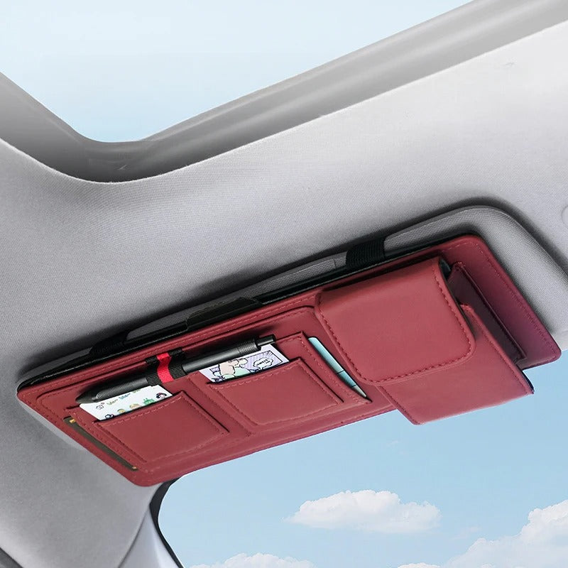 Leather Car Sun Visor Organizer – Universal Sunglasses Holder with Card & Pen Storage - Delicate Leather