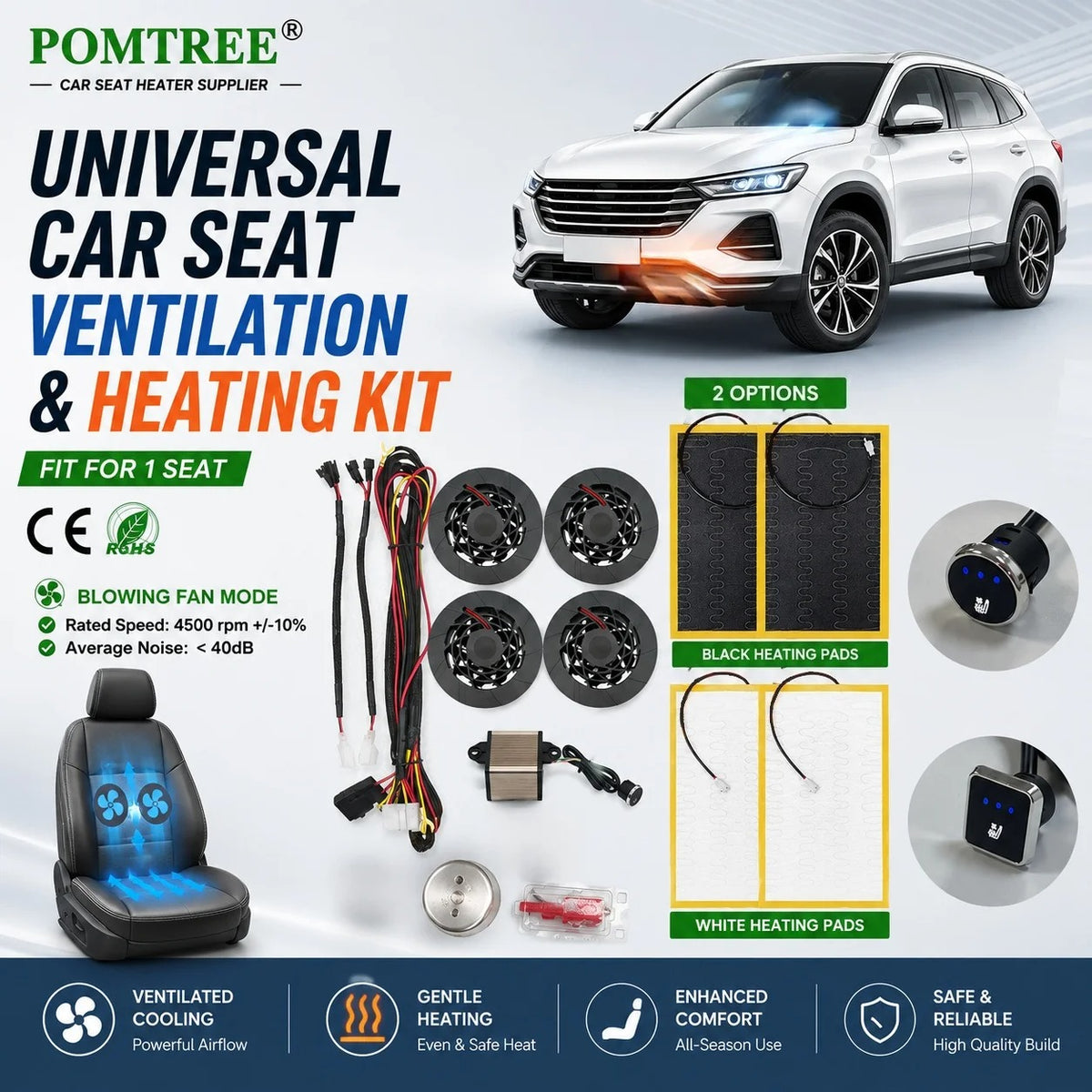 DC 12V Car Seat Heating & Ventilation Kit for 1 Seat – Built-In Heater Pad with Fans & 3-Level Switch - Delicate Leather
