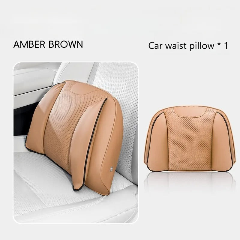 Nappa Leather Car Headrest & Lumbar Support Pillow Set – Universal Neck & Back Cushion - Delicate Leather