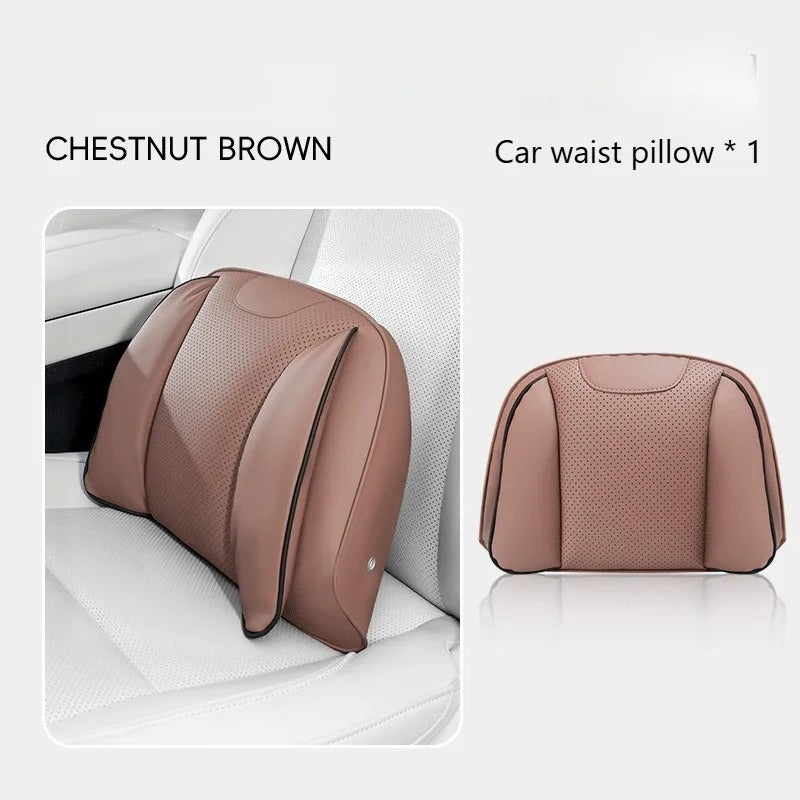 Nappa Leather Car Headrest & Lumbar Support Pillow Set – Universal Neck & Back Cushion - Delicate Leather