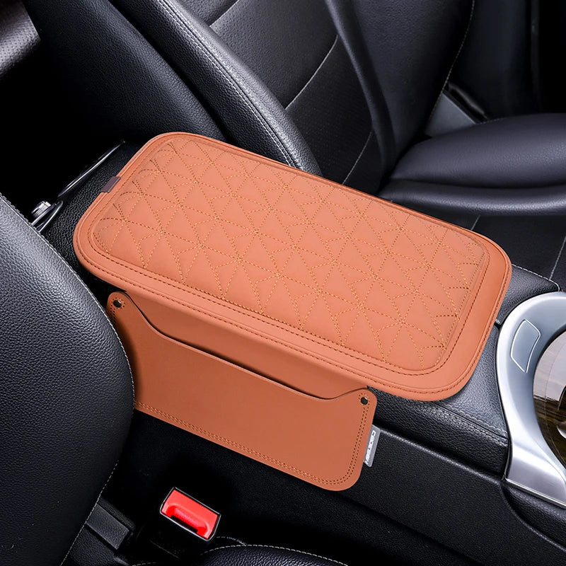 PU Leather Car Armrest Pad with Memory Foam – Center Console Protector Cover with Side Storage Pocket, Universal Fit - Delicate Leather  