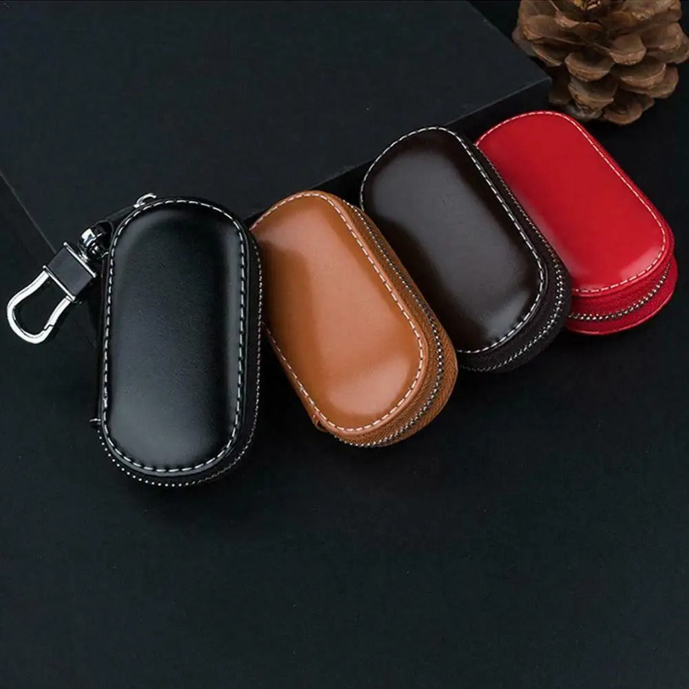 Universal Car Key Case – PU Leather Key Fob Pouch with Zipper and Chain Hook - Delicate Leather  