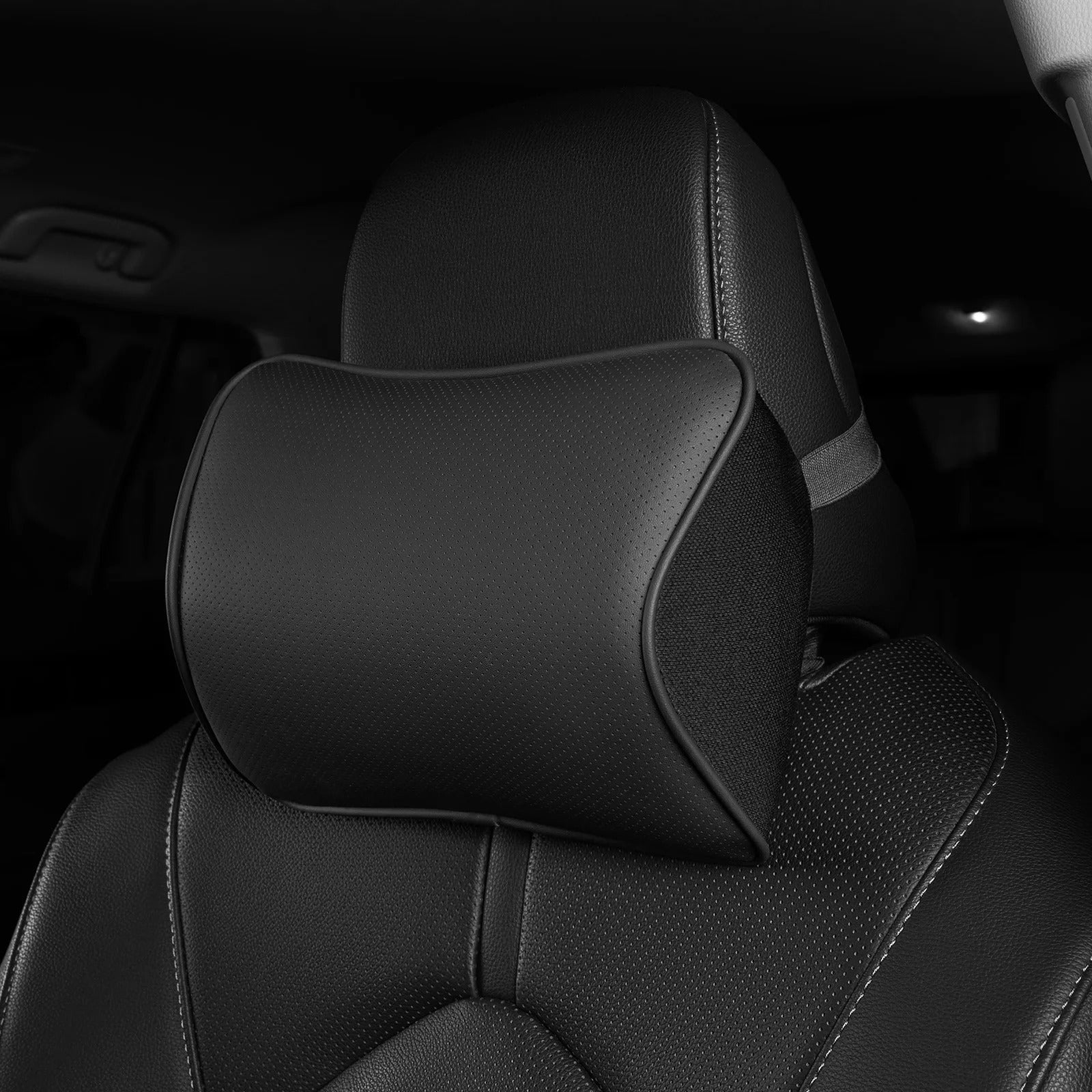 Memory Foam Car Neck Pillow – Adjustable Strap, Removable Cover, Universal Fit - Delicate Leather  