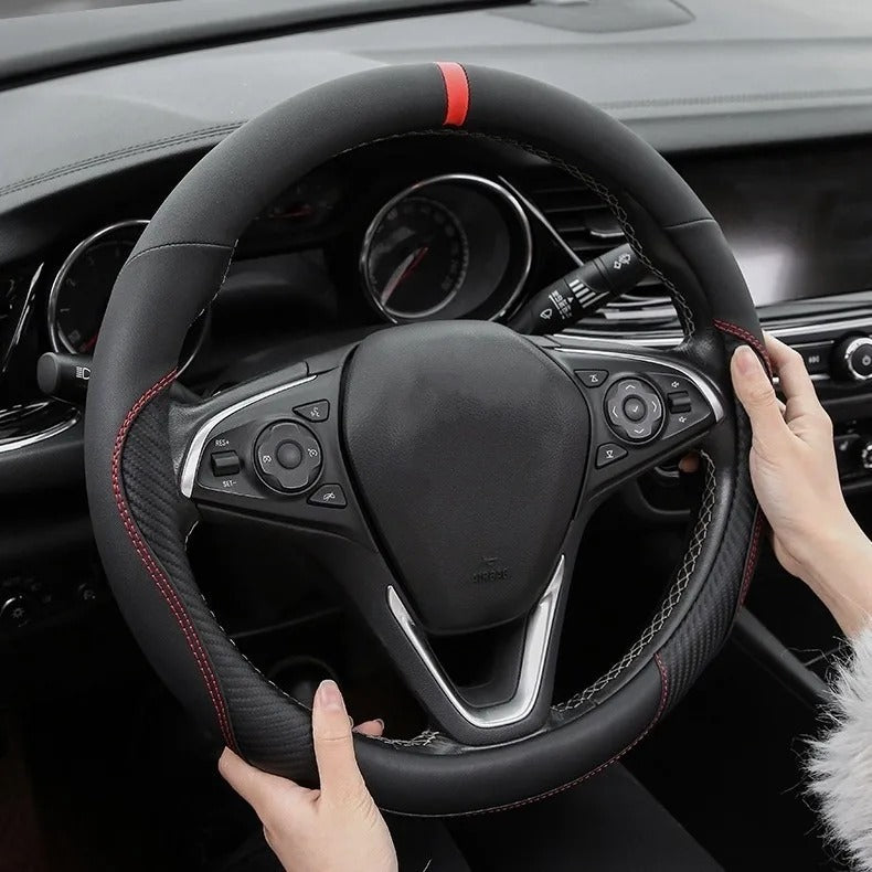 Microfiber Leather & Carbon Fiber Steering Wheel Cover – Universal O/D Shape Anti-Slip Grip - Delicate Leather