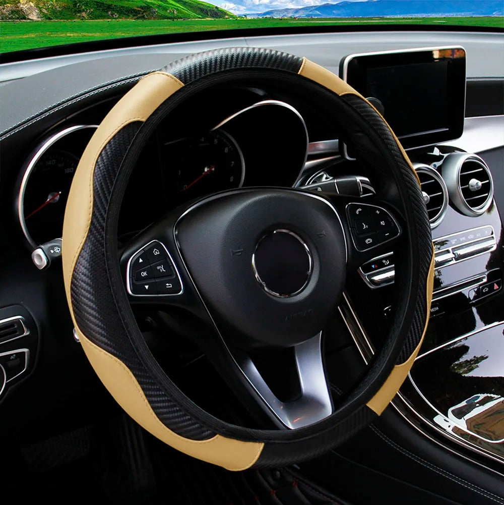PU Carbon Fiber Steering Wheel Cover – Fits 14.5 to 15 Inch Wheels - Delicate Leather  