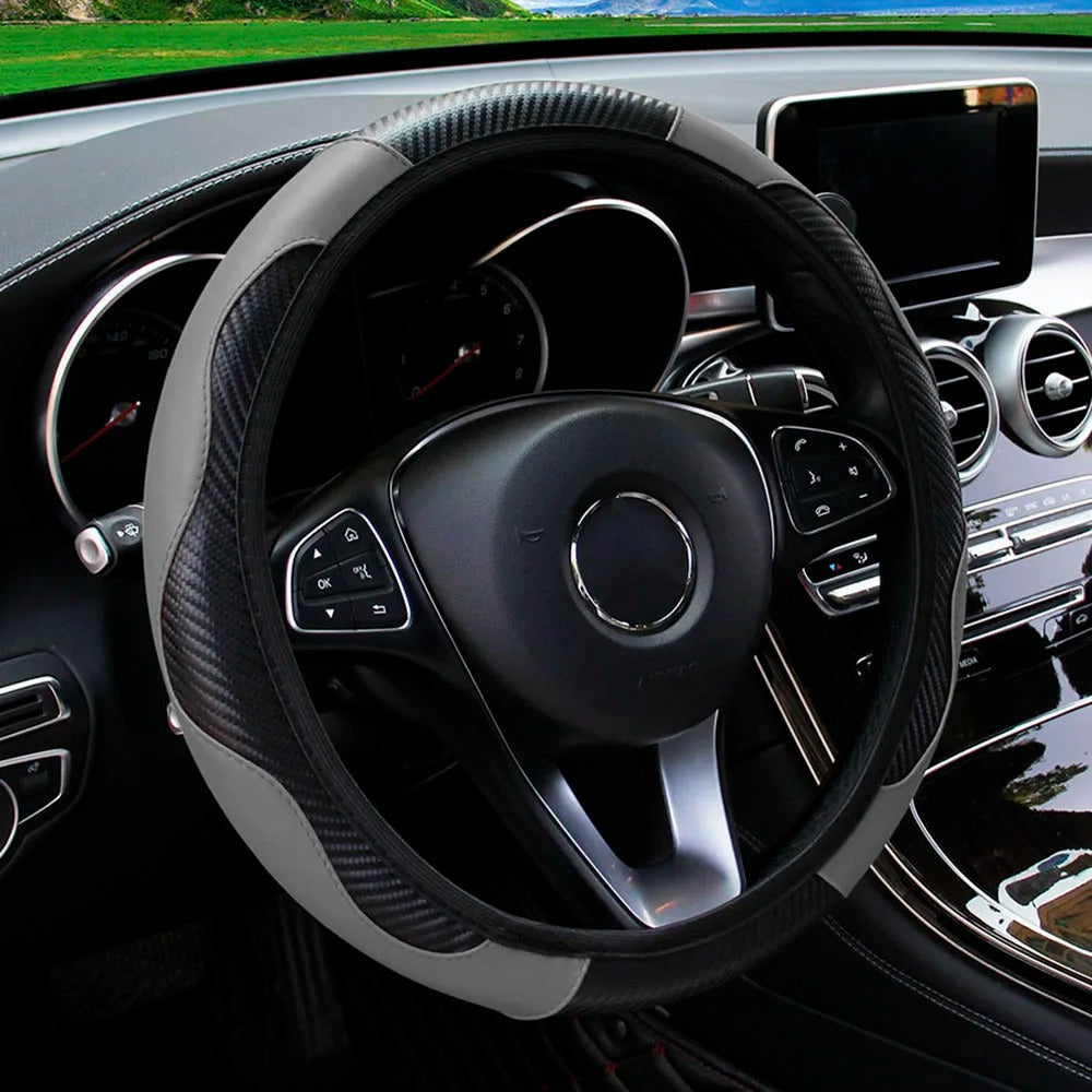 PU Carbon Fiber Steering Wheel Cover – Fits 14.5 to 15 Inch Wheels - Delicate Leather  