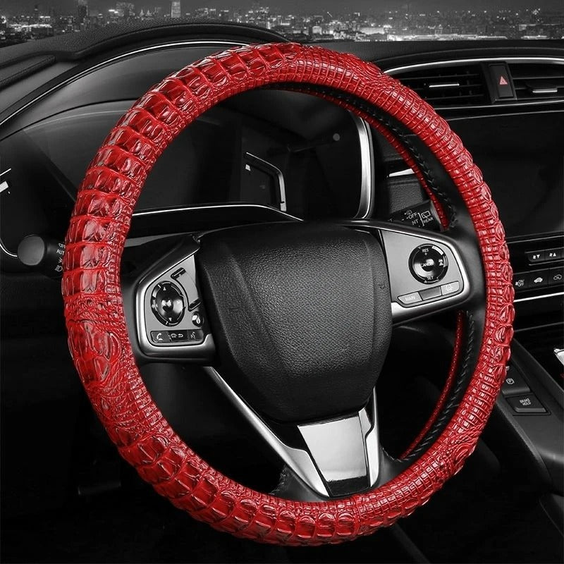 Crocodile-Texture Leather Steering Wheel Cover – Anti-Slip, Universal 14.5–15 Inch (37–38cm)