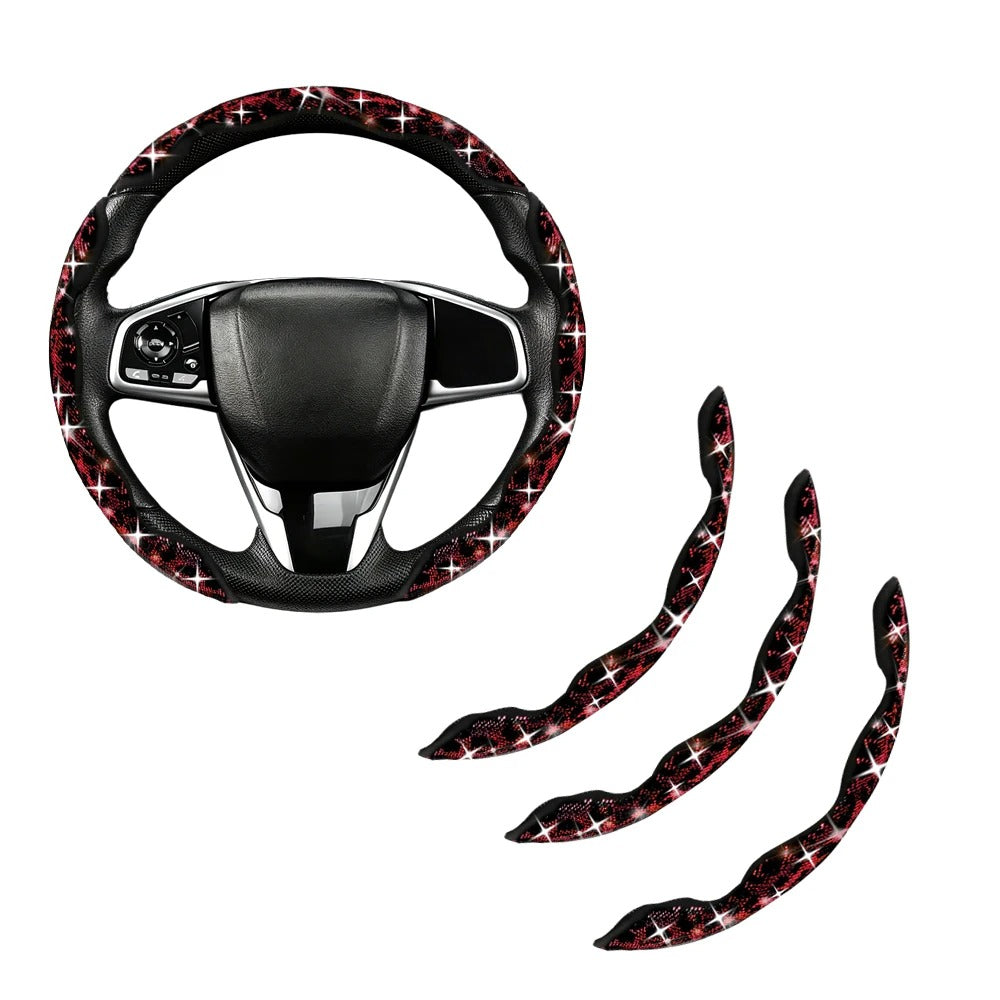Leopard Print Diamond Steering Wheel Cover – Luxury Sparkling Universal Interior Accessory - Delicate Leather  
