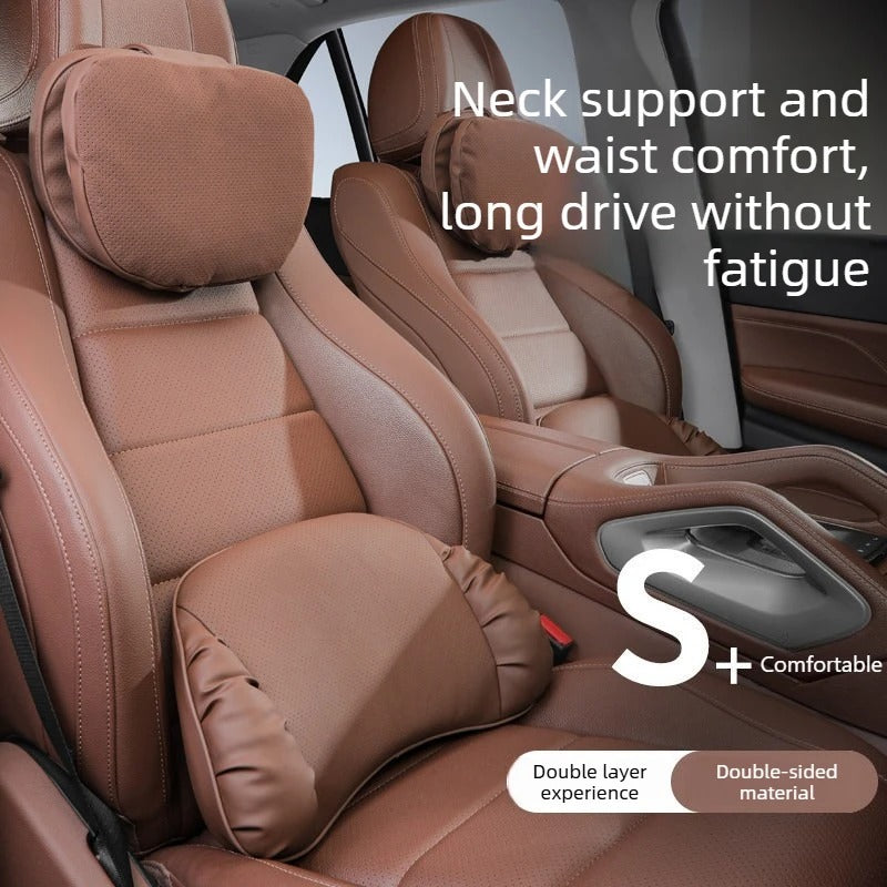 Soft Suede Car Neck & Lumbar Support Pillow Set – Memory Foam Headrest Waist Cushion with Double-Sided Design - Delicate Leather