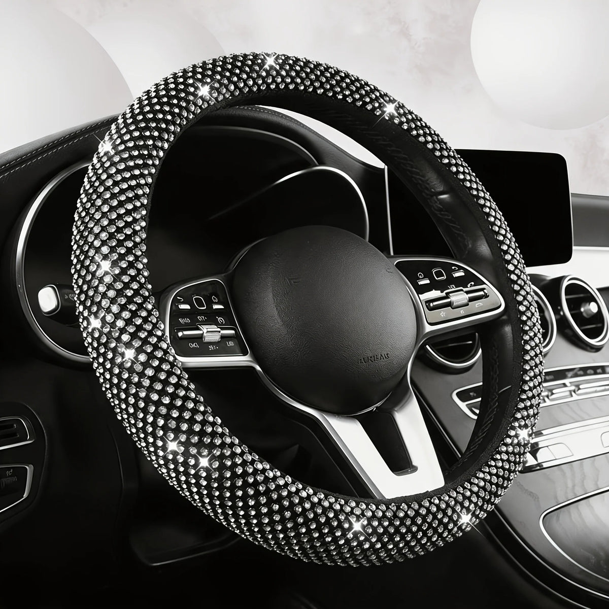 Rhinestone Car Steering Wheel Cover – O-Type Sparkly Diamond Non-Slip Grip - Delicate Leather