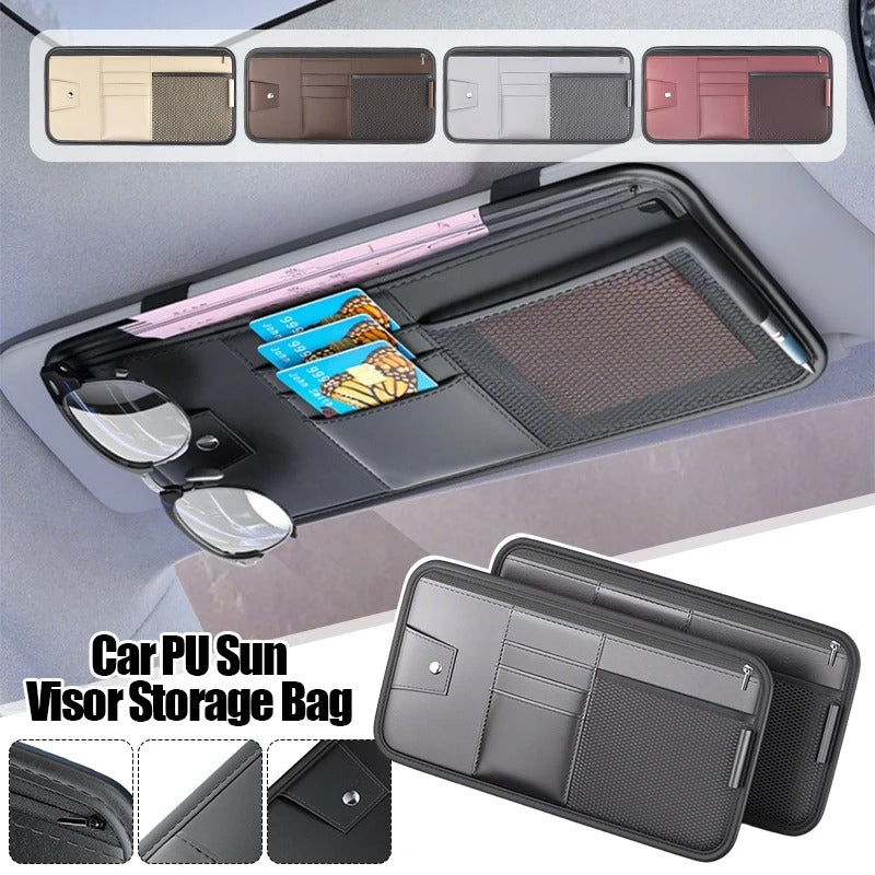 PU Leather Car Sun Visor Organizer – Multi-Pocket Storage Bag with Card Holder and Glasses Clip, 16×32 cm - Delicate Leather  