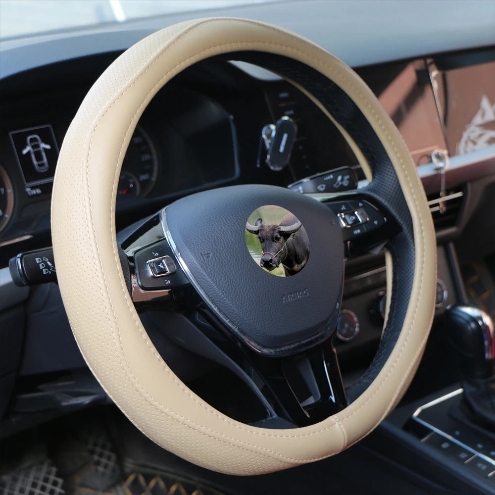 Universal Genuine Leather Steering Wheel Cover 38cm – Top Cowhide Perforated Non-Slip Silicone Car Steering Wheel Protector - Delicate Leather