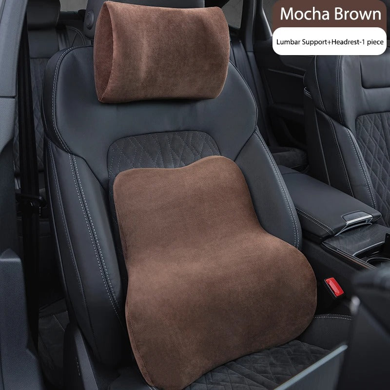 Suede Memory Foam Car Neck & Lumbar Support Pillow Set – Breathable Headrest Waist Cushion for Car Seats - Delicate Leather