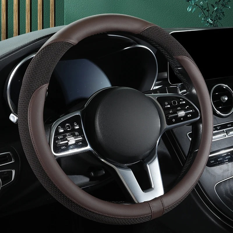 Premium Leather & Ice Silk Steering Wheel Cover – Breathable Mesh, Stitched Design, Universal 14.5–15 Inch, All Seasons - Delicate Leather  