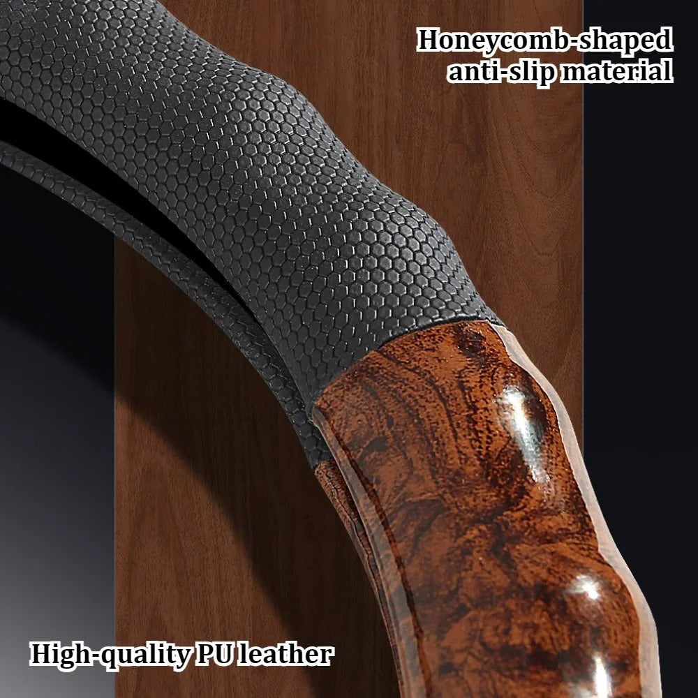 Wood Grain PU Leather Steering Wheel Cover – Honeycomb Non-Slip Grip 38CM/15-Inch - Delicate Leather