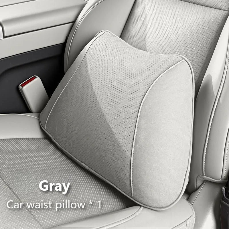 Premium Suede Car Neck & Lumbar Support Pillow Set – Universal Headrest and Waist Cushion for Cars, SUVs & Trucks - Delicate Leather
