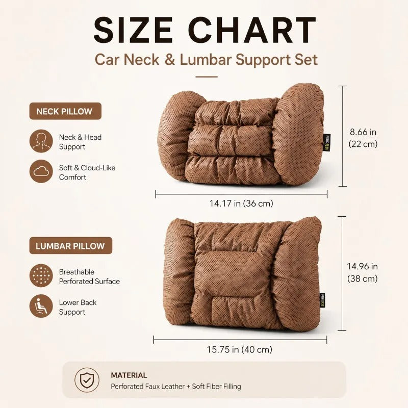 Universal Car Neck Pillow & Seat Cushion Set – Breathable Faux Leather Headrest and Backrest Cushions - Delicate Leather