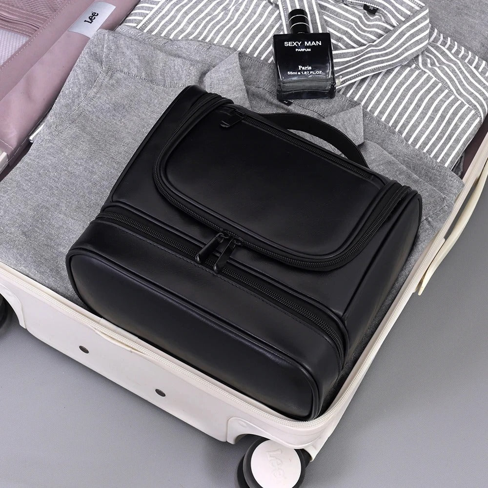 Men's PU Leather Toiletry Bag – Large Capacity Waterproof Travel Toiletry & Makeup Storage Bag with Handle - Delicate Leather