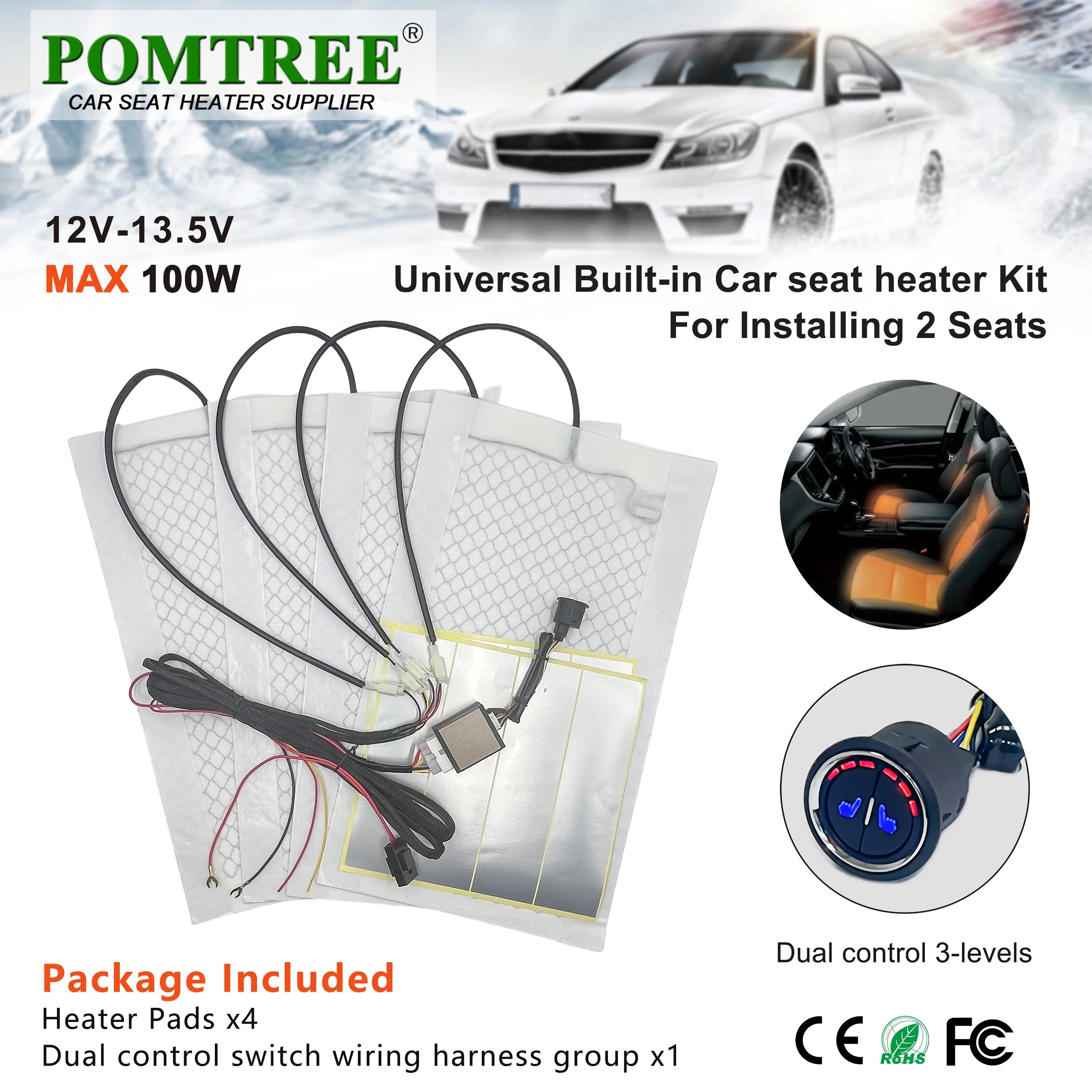 12V 25W Universal Car Seat Heater Kit for 2 Seats – Carbon Fiber Heating Pads with Dual Control & Memory Mode - Delicate Leather