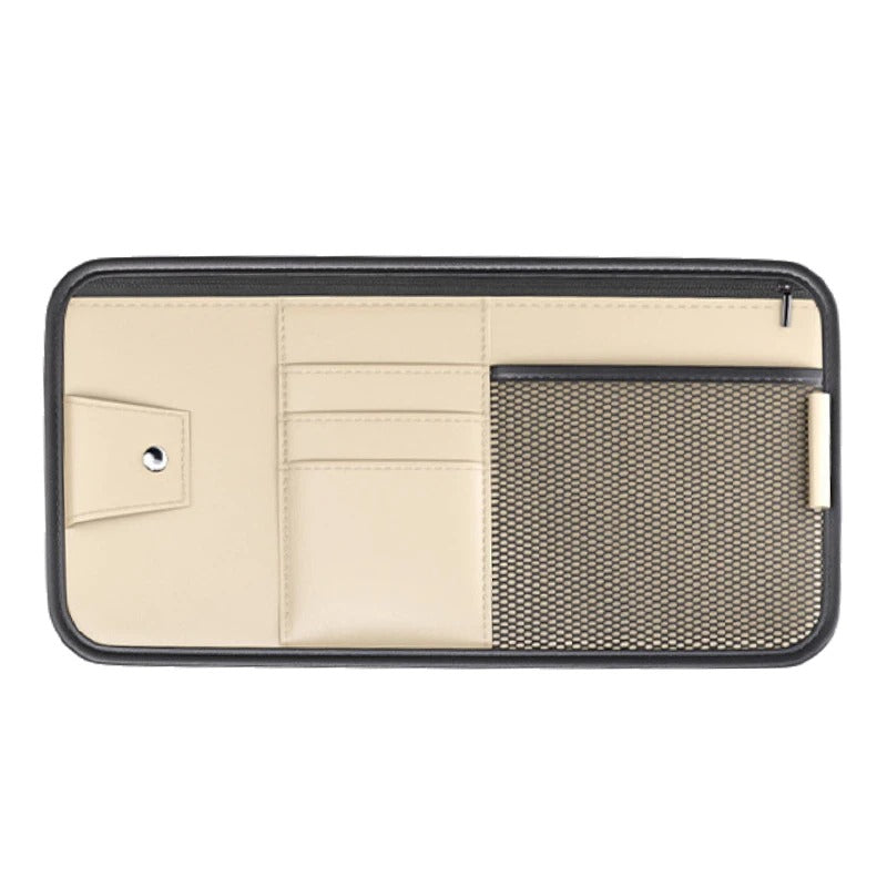 PU Leather Car Sun Visor Organizer – Multi-Pocket Storage Bag with Card Holder and Glasses Clip, 16×32 cm - Delicate Leather  