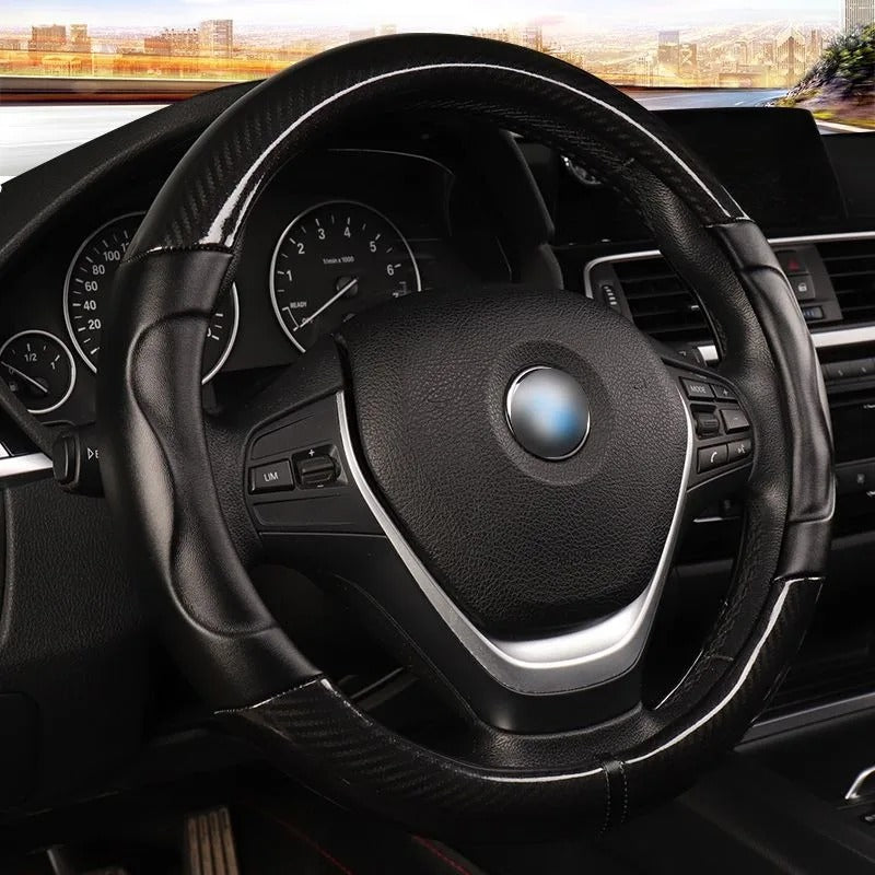 Carbon Fiber Steering Wheel Cover – Anti-Slip Universal 38cm O & D Shape Fit - Delicate Leather  