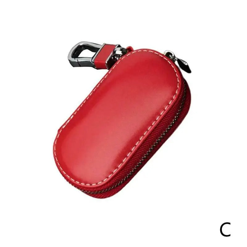 Universal Car Key Case – PU Leather Key Fob Pouch with Zipper and Chain Hook - Delicate Leather  