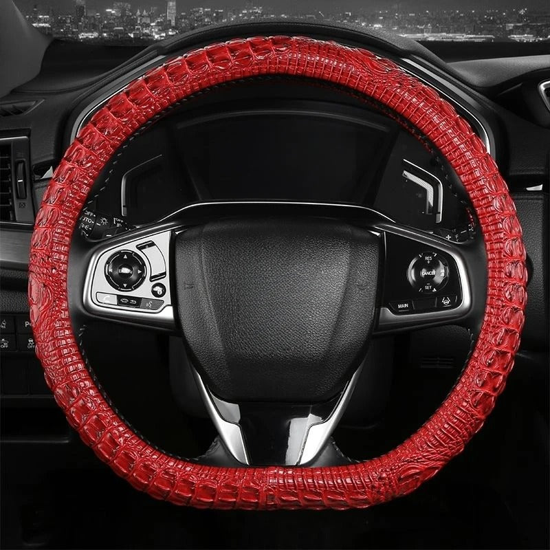 Crocodile-Texture Leather Steering Wheel Cover – Anti-Slip, Universal 14.5–15 Inch (37–38cm)