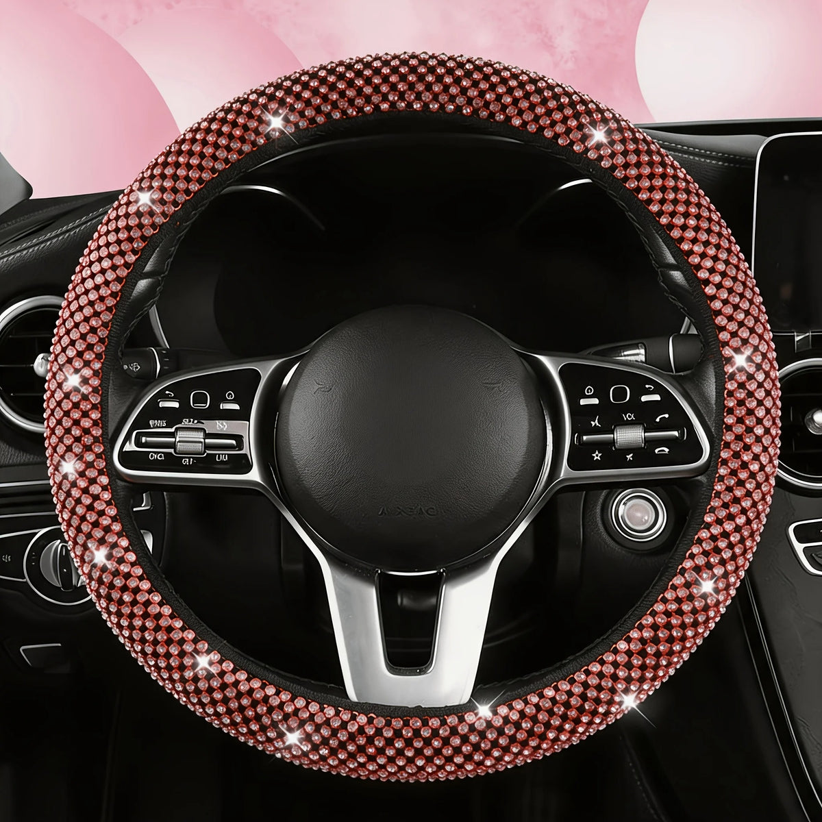 Rhinestone Car Steering Wheel Cover – O-Type Sparkly Diamond Non-Slip Grip - Delicate Leather