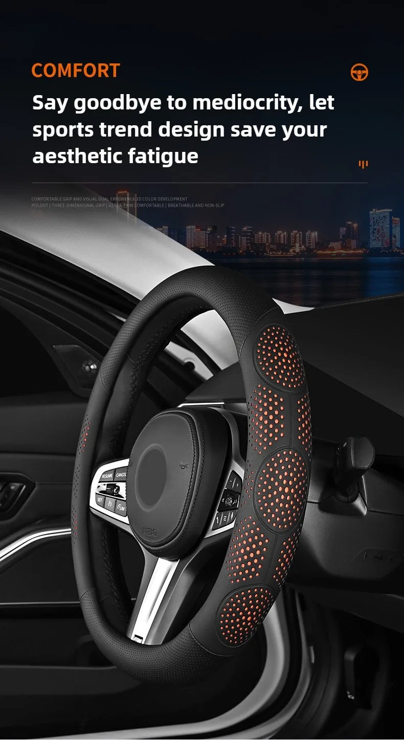 Car Steering Wheel Cover, Universal 38cm O/D Shape Leather Steering Wheel Cover – Car Interior Anti-Slip Accessory - Delicate Leather  