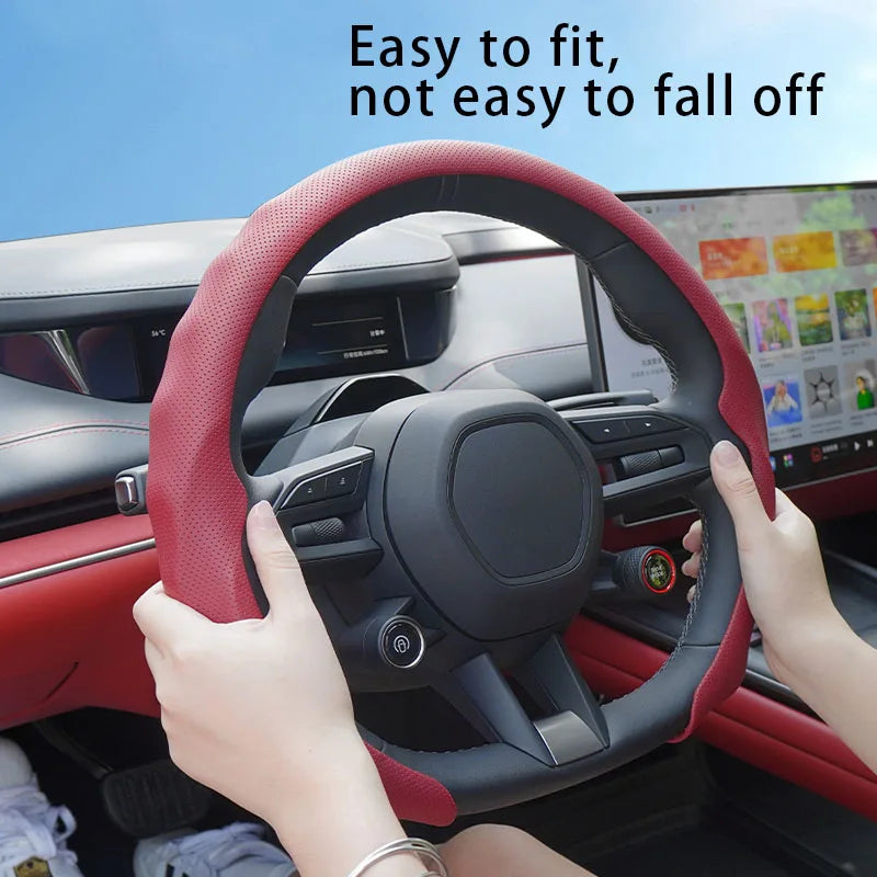 5D Nappa Leather Steering Wheel Cover – Perforated Breathable Ultra-Thin Anti-Slip Grip - Delicate Leather  