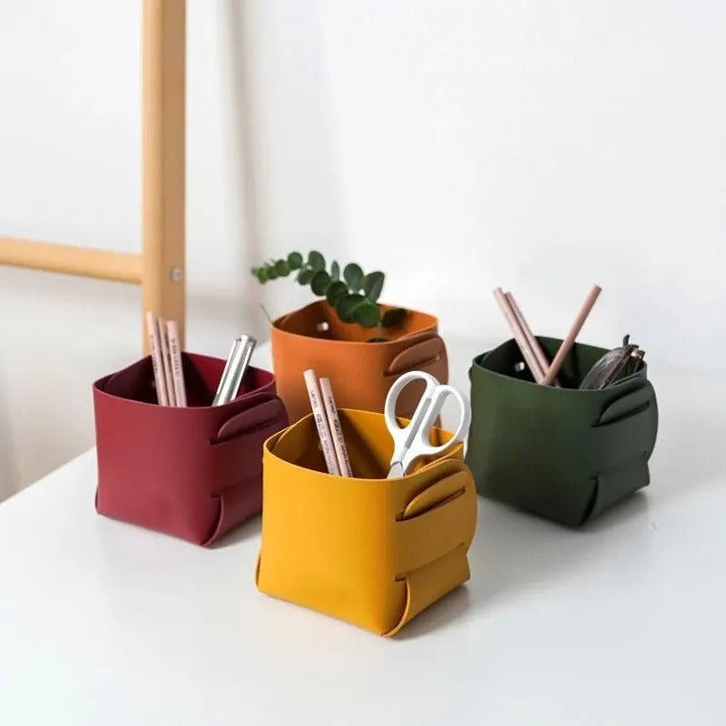 Yellow Nordic PU Leather Storage Bag - Desktop Makeup Brush Holder, Pen Organizer, Creative Folding Portable Storage Box