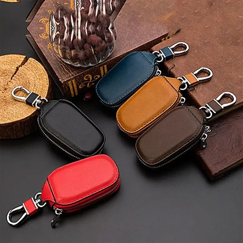 Leather Car Key Holder – Zipper Keychain Organizer with Metal Hook - Delicate Leather  