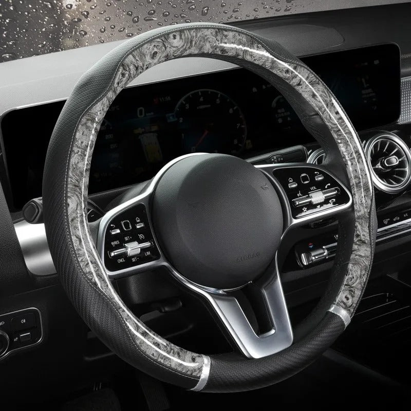 Wood Grain Leather Steering Wheel Cover – Universal 38CM Anti-Slip O/D Shape Grip - Delicate Leather