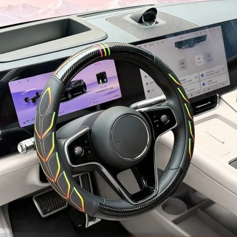 Carbon Fiber & Nappa Leather Steering Wheel Cover – Universal 38cm O/D Shape Anti-Slip Grip - Delicate Leather
