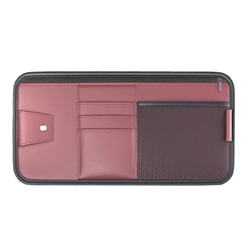 PU Leather Car Sun Visor Organizer – Multi-Pocket Storage Bag with Card Holder and Glasses Clip, 16×32 cm - Delicate Leather  