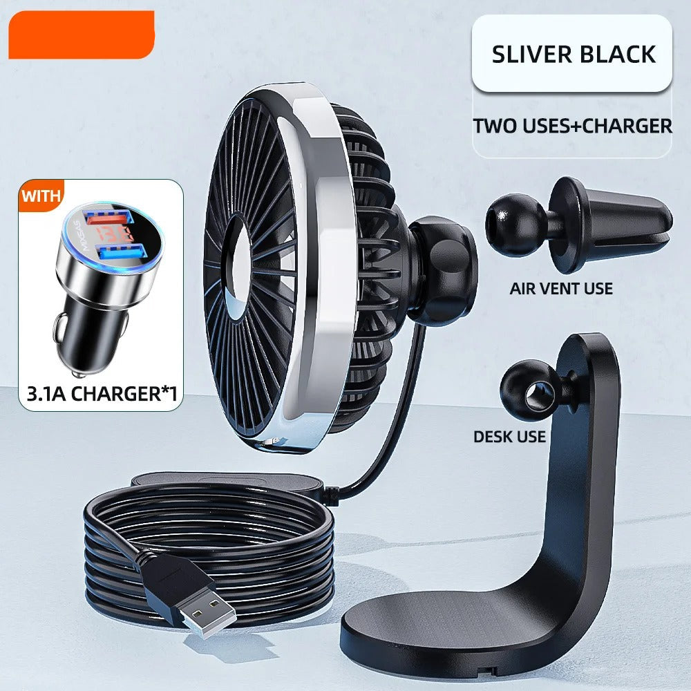 12–24V Mini Car Air Outlet Fan with LED Lighting – USB Powered, 360° Rotating, 3-Speed Cooling Fan for Car, Office & Home Use - Delicate Leather  