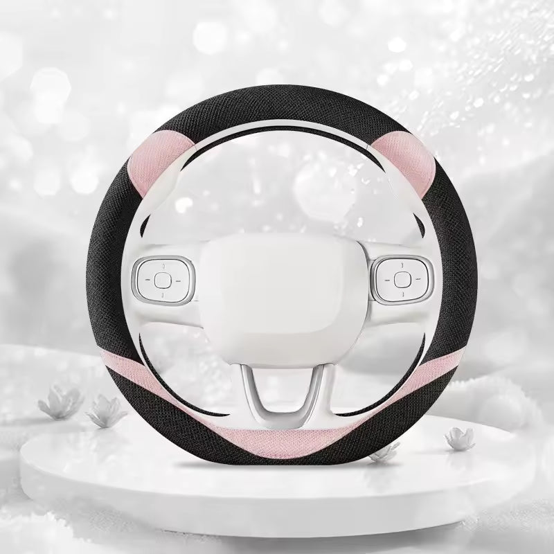 Kawaii Linen Steering Wheel Cover – Cute Bear Ear Universal 38CM Non-Slip Grip - Delicate Leather