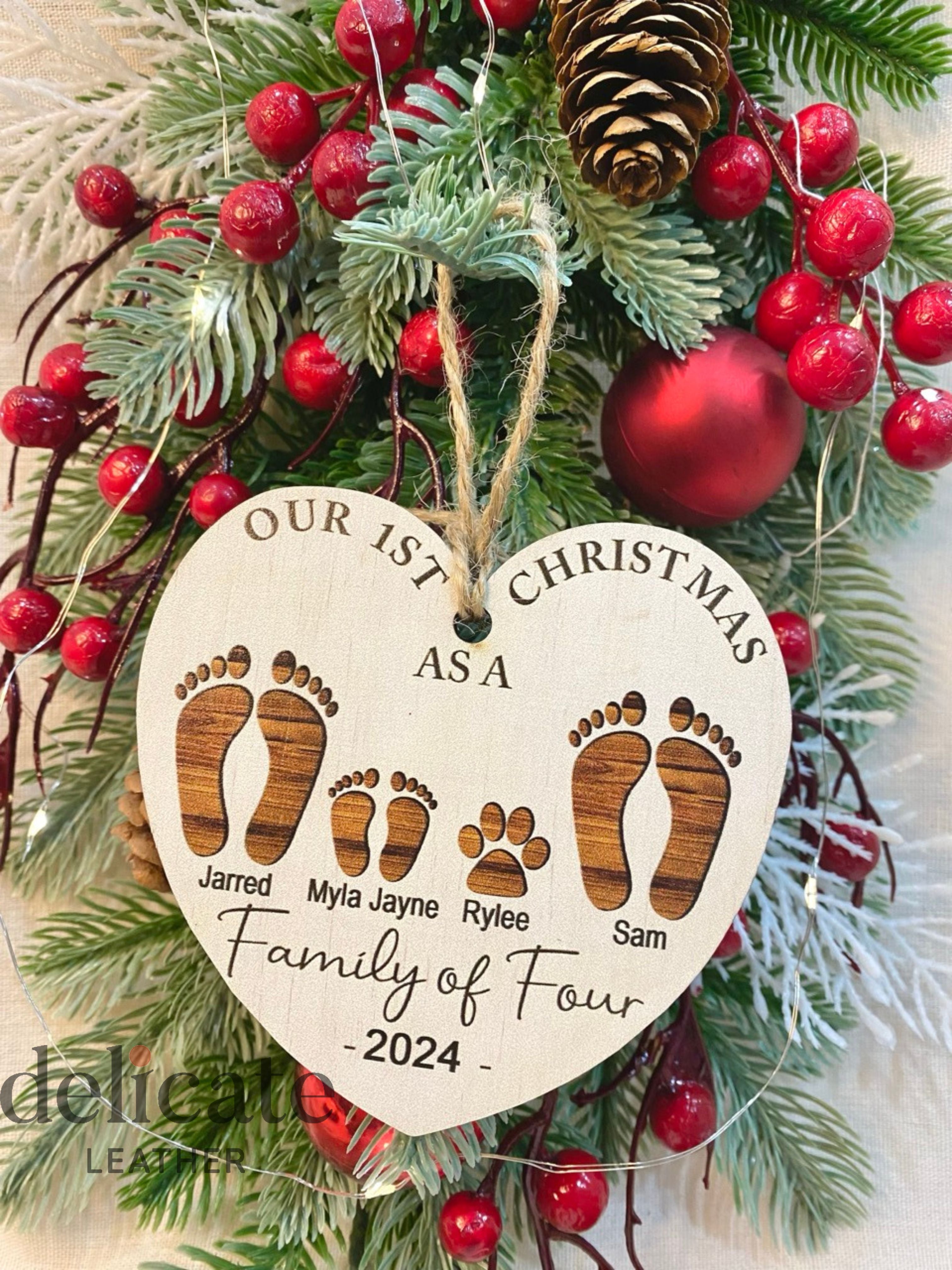 First Christmas As A Family of Four Footprints Ornament – Personalized Wooden Keepsake for Baby's First Christmas